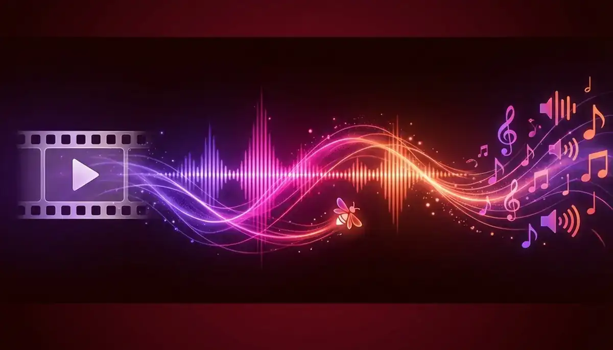 Colorful audio waveform visualisation flowing from video timeline to musical notes in Adobe Creative Cloud purple magenta and orange gradient colors