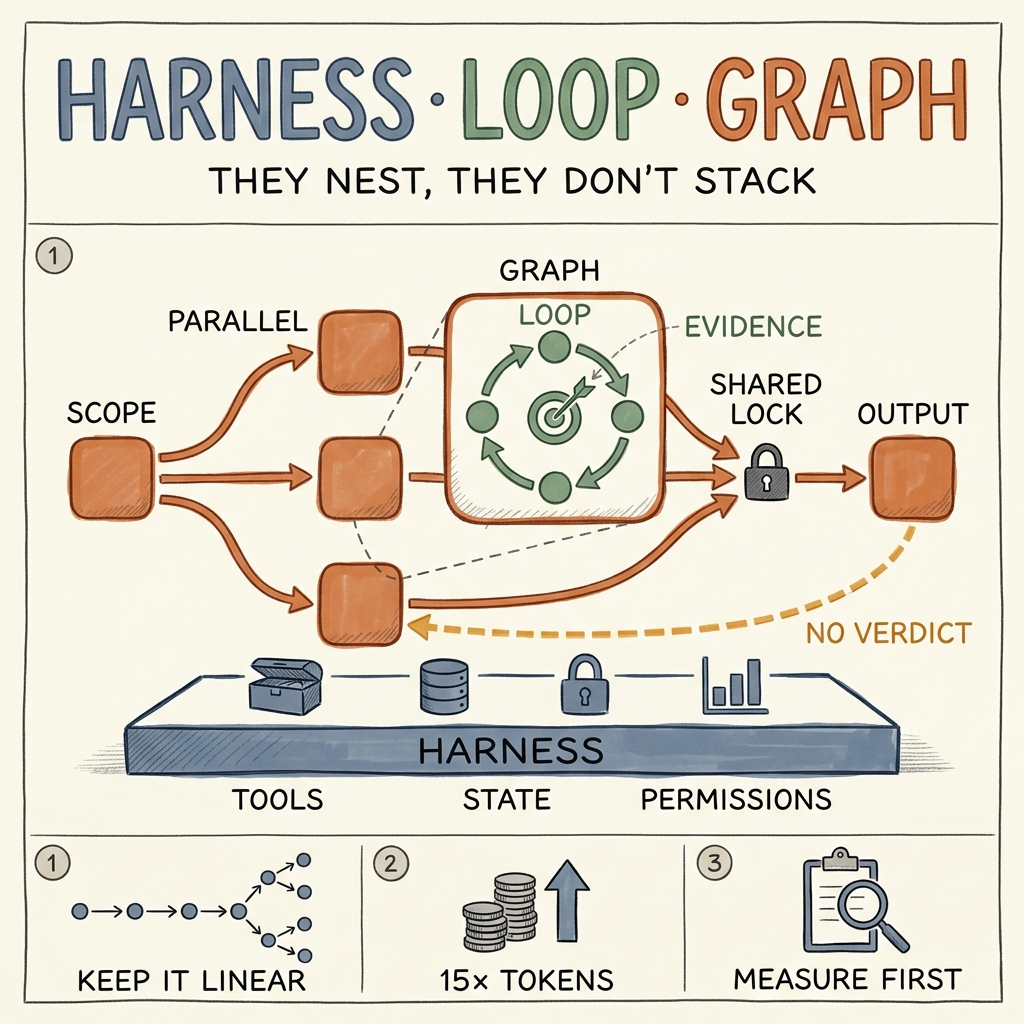 A graph does not replace a loop, it arranges loops. The magnified node shows an iteration cycle inside a graph node, with the wider system supplying state, tools, permissions, routes and human checkpoints.