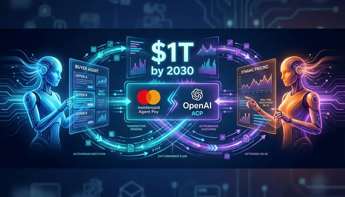 Futuristic visualization of AI agents autonomously negotiating commerce with glowing blue buyer agent on left, transaction data streams in center showing $1T metric, and orange seller agent on right