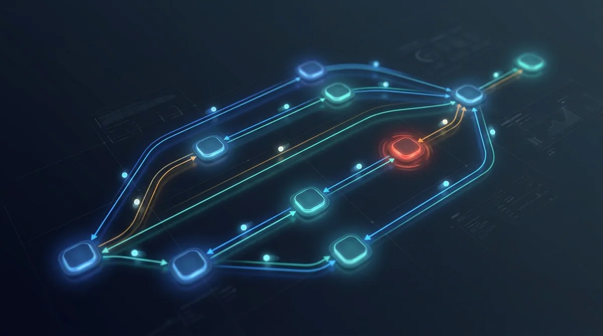 An abstract control-room illustration of an AI agent graph, with work moving between connected nodes.