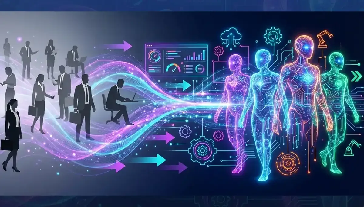 Visual transformation showing grayscale traditional office workers on left transitioning through flowing purple and cyan energy waves into glowing holographic AI agent avatars on right with data streams and automation symbols