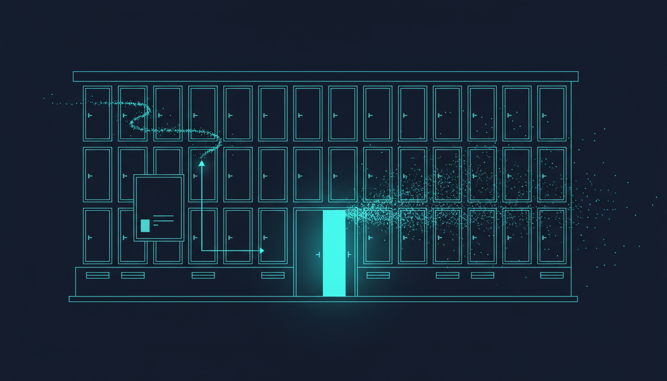 Three streams of automated traffic approaching the same building. One pauses at a posted notice and follows a single marked path. One flows through the open main entrance. The third fans out across the whole facade, testing every door handle including the unmarked service hatches.