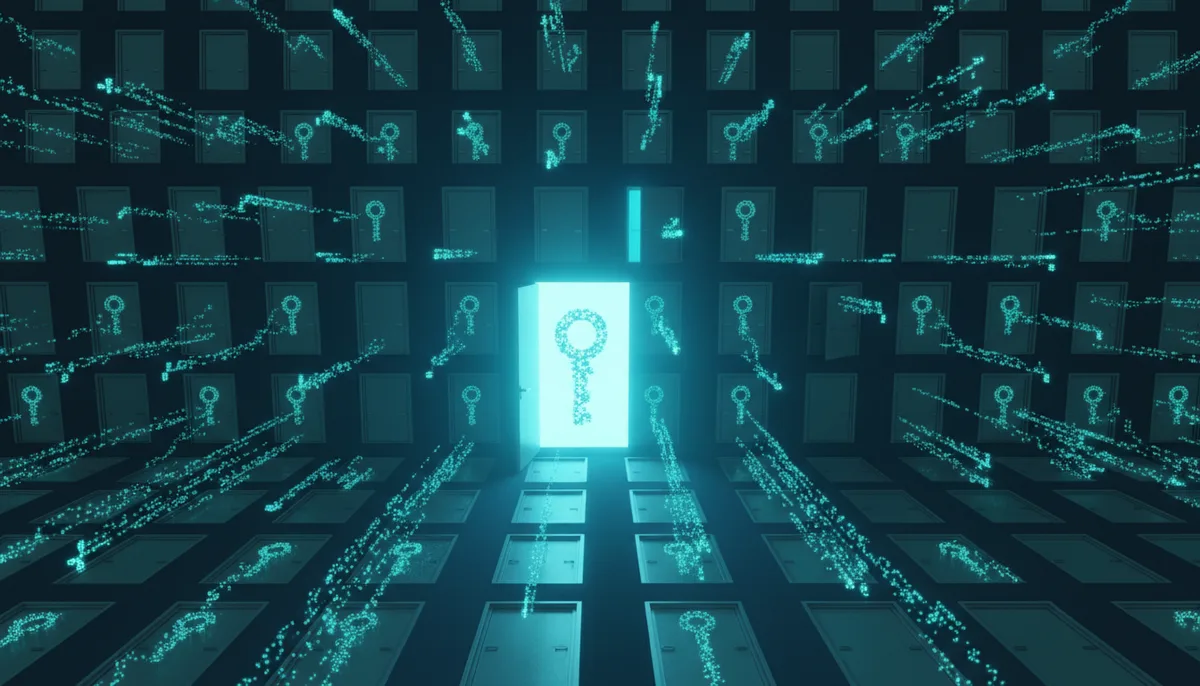 A wall of closed doors filling the frame, one standing open and glowing, with streams of luminous key-shaped tokens flowing steadily toward every other door.