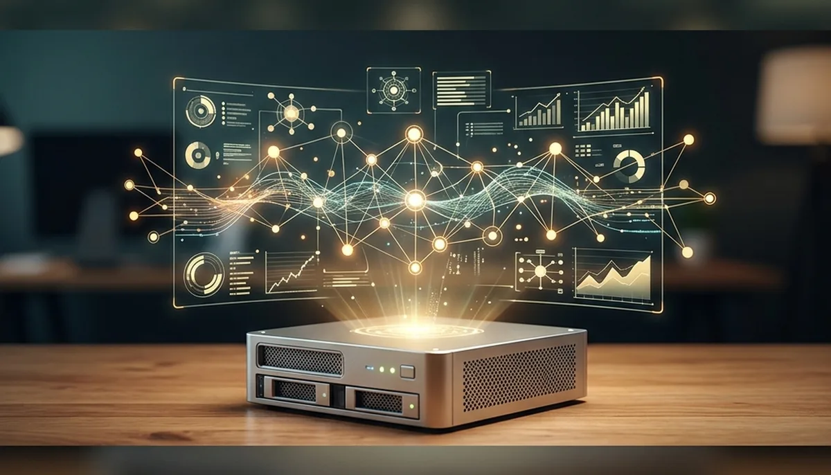 A compact metallic server box sitting on a small-business desk, projecting a glowing holographic AI command centre interface.