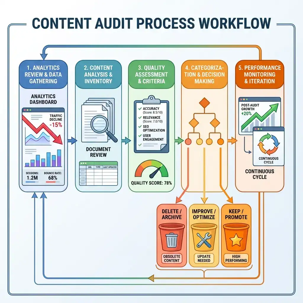 Comprehensive content audit workflow diagram showing website analytics dashboard with traffic metrics, quality assessment checklist, content categorisation into Delete/Improve/Keep buckets, and ongoing performance monitoring screens