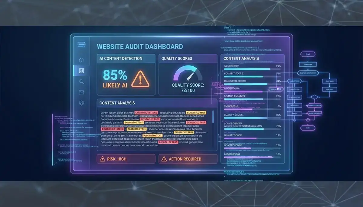 Modern AI content audit dashboard showing detection metrics, quality scores, and website content analysis with neural network visualization
