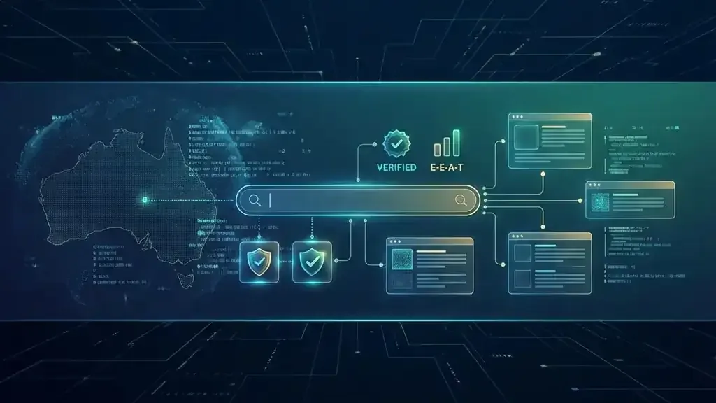 Abstract illustration showing AI content analysis with Google search elements, representing authenticity verification and E-E-A-T signals for Australian businesses
