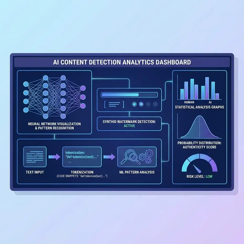 Advanced AI content detection technology dashboard displaying neural network visualisation, machine learning pattern recognition algorithms, tokenisation analysis, and SynthID watermark detection capabilities for authenticating content authenticity