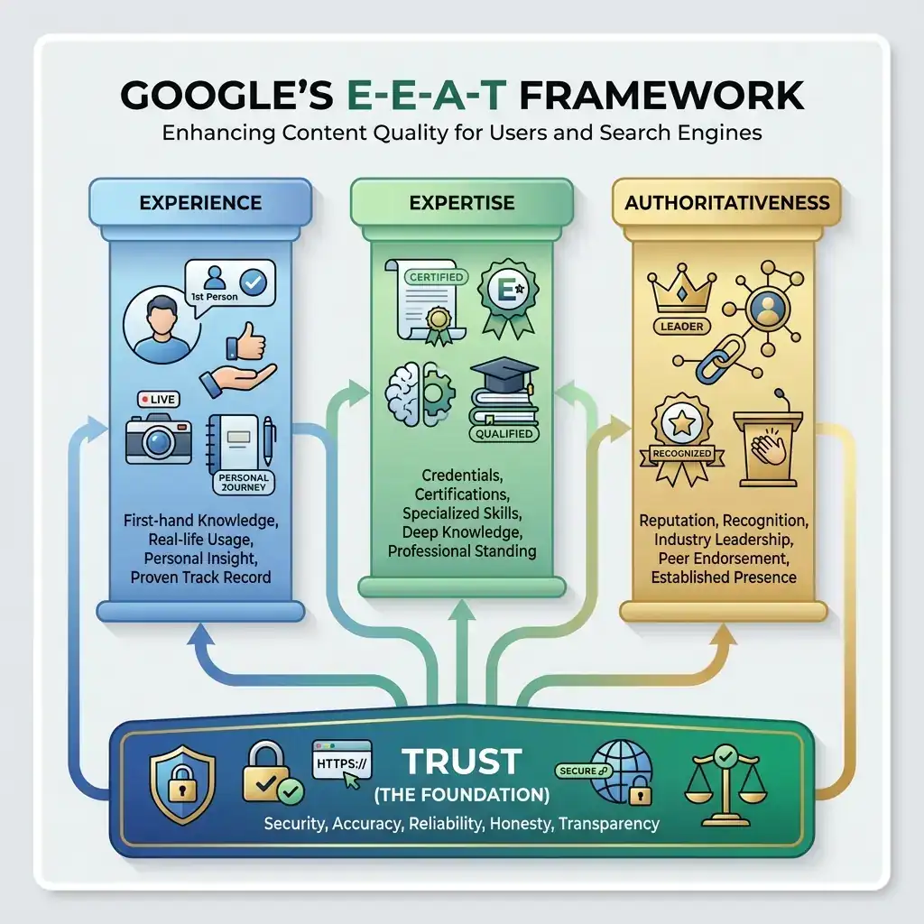 Google's E-E-A-T quality framework illustrated with four pillars: Experience showing first-hand knowledge, Expertise with professional credentials, Authoritativeness with reputation indicators, and Trust as the central foundation for content ranking