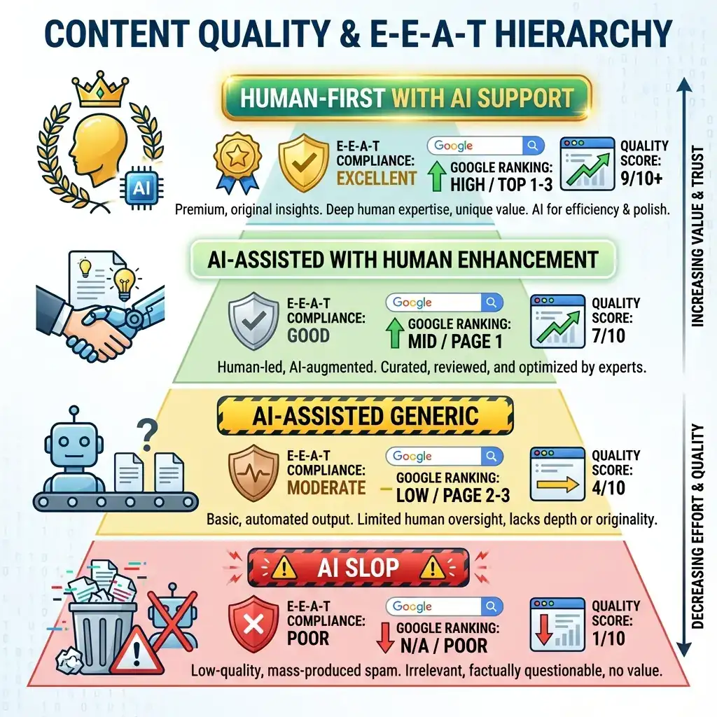 Four-tier content quality pyramid ranging from bottom-level 'AI Slop' (high penalty risk) through 'AI-Assisted Generic' and 'AI-Assisted with Human Enhancement' to top-tier 'Human-First with AI Support' showing E-E-A-T compliance and ranking potential