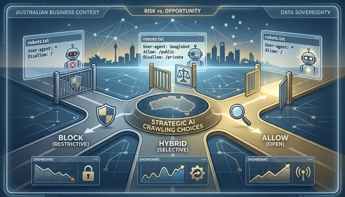 Strategic decision diagram for Australian businesses showing AI crawling choices with robots.txt configuration and business impact pathways
