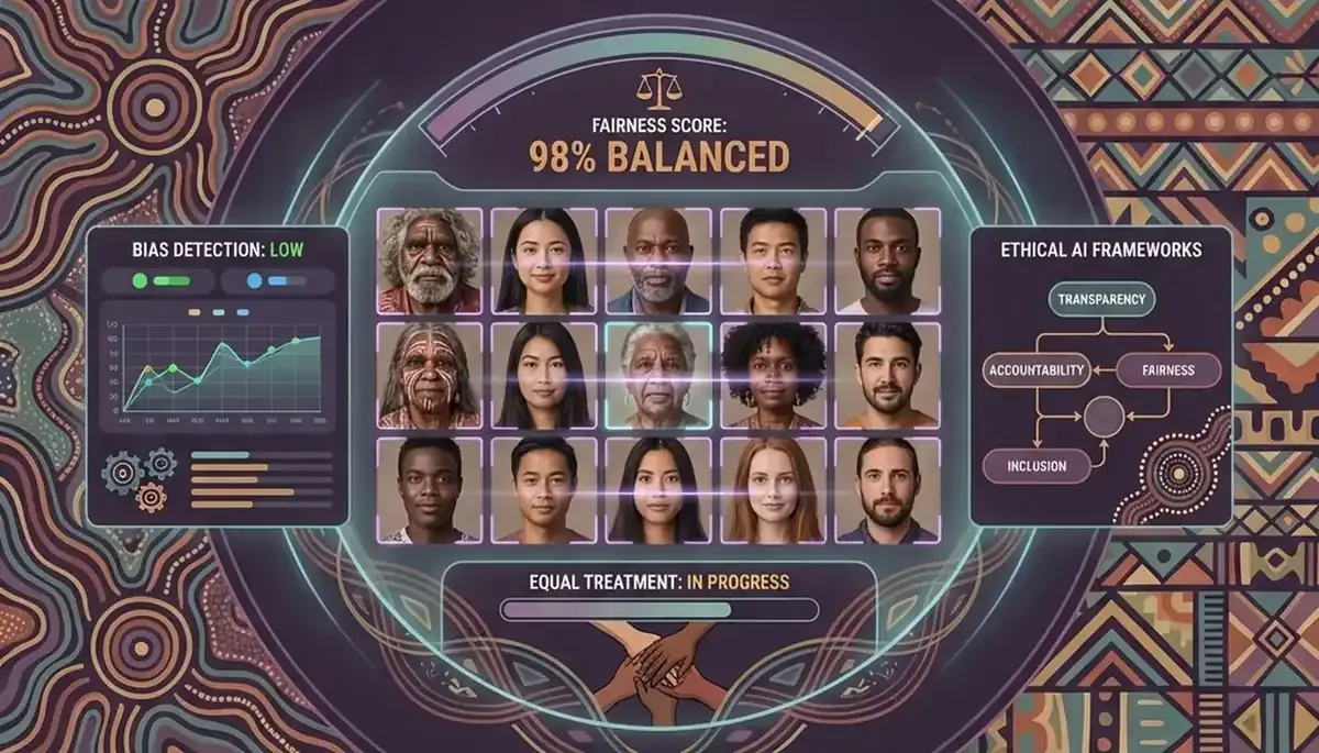 AI ethics and bias detection visualization showing diverse faces analyzed fairly, with balanced fairness scores, multicultural representation, and ethical framework metrics