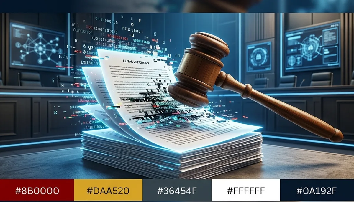 A wooden judge's gavel striking a stack of glowing legal documents that are glitching and turning into digital noise, representing AI hallucinations.