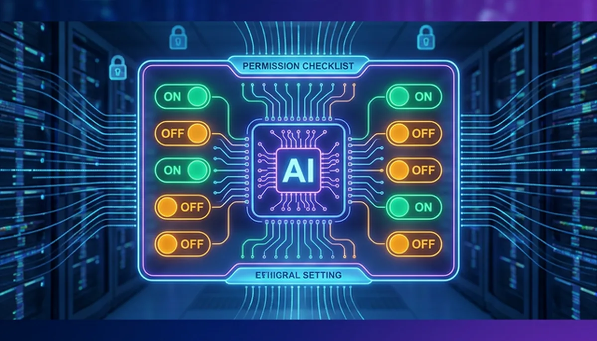 Cinematic visualization of a glowing AI core protected by high-tech permission toggle switches acting as a defensive shield between AI and corporate data