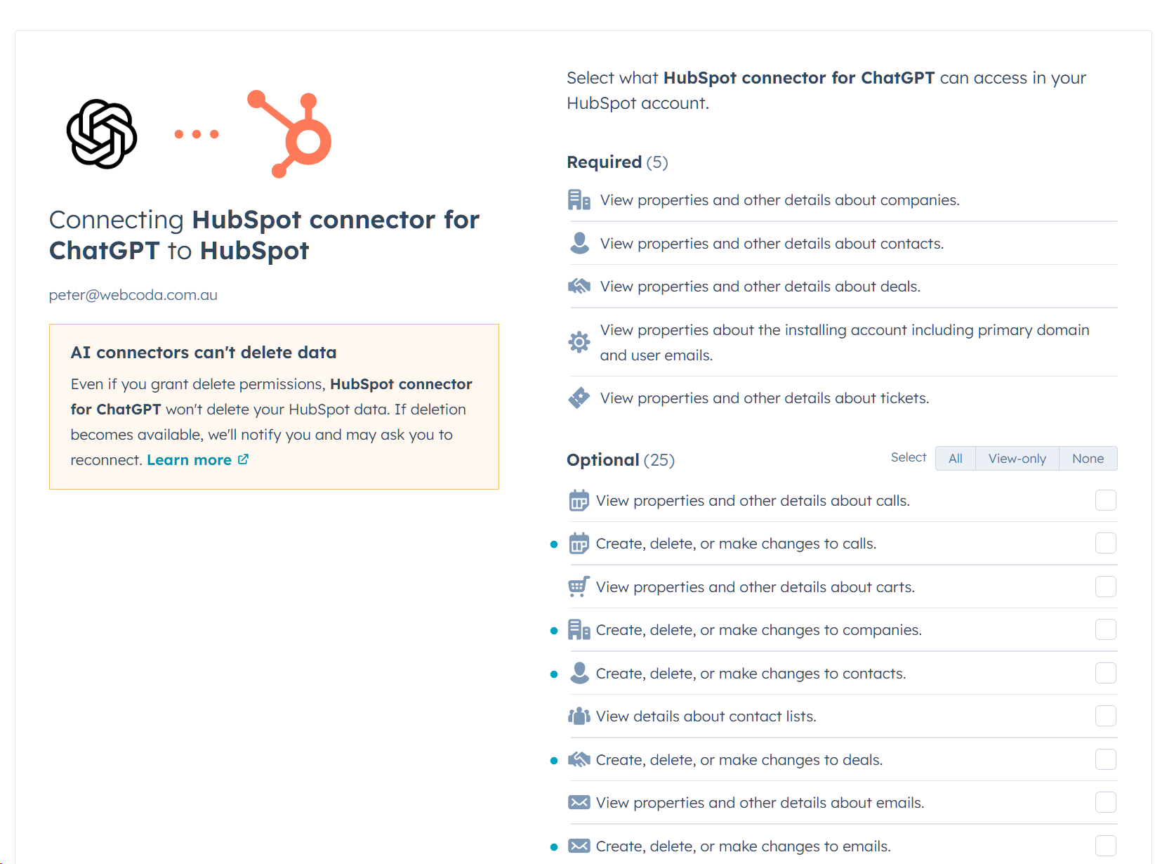 The HubSpot ChatGPT connector permission screen showing granular data access controls with Required and Optional permission categories