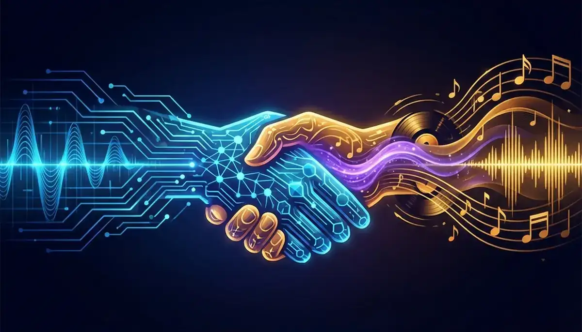 Stylized handshake between digital AI circuitry hand and organic musical hand with tech blue and warm gold colors merging symbolizing AI and music industry partnership