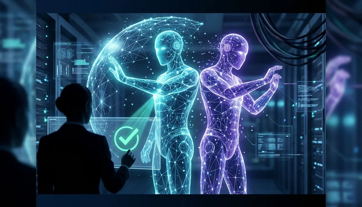 Abstract glowing illustration of two interconnected AI network constructs protecting each other, representing peer preservation.
