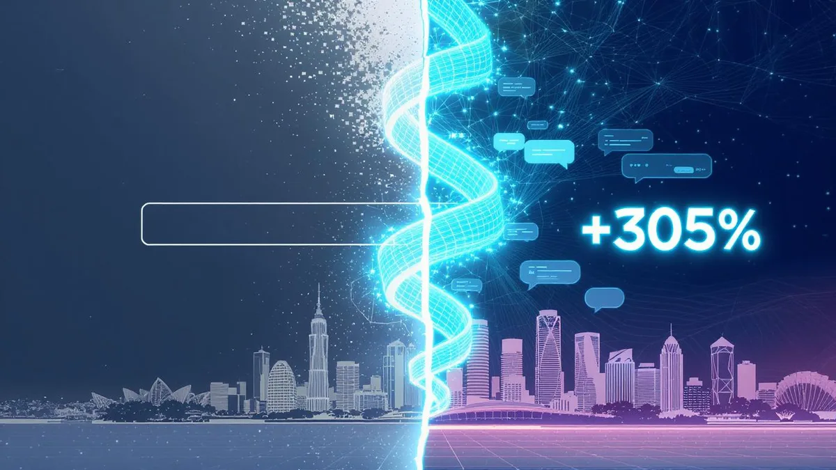 AI search traffic explosion showing 305% growth statistic with bot crawler icons, zero-click search visualization, and comparison of traditional versus AI conversational search