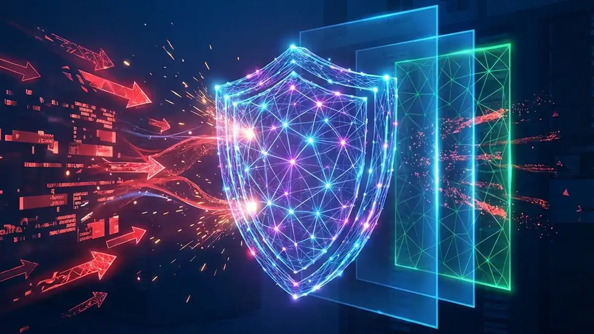 Australian skyline overlaid with a digital shield and AI circuitry