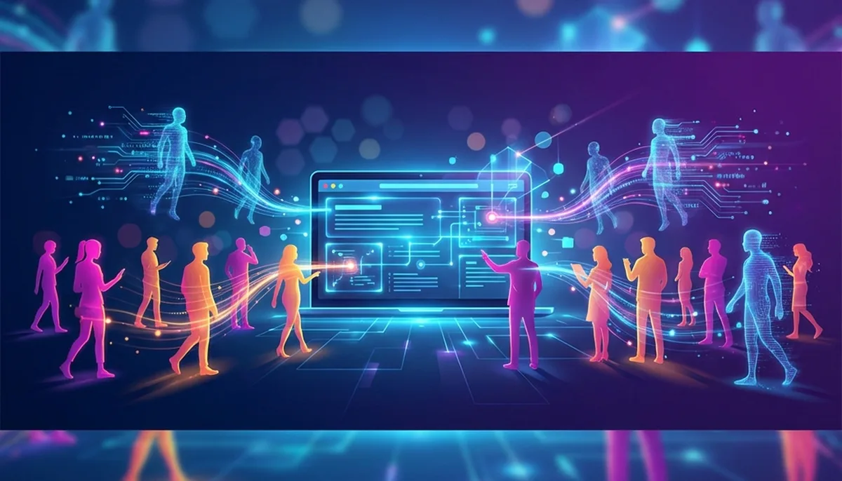 Modern digital illustration showing a website interface being approached by both vibrant human silhouettes and translucent digital AI agent silhouettes, representing dual-audience SEO.