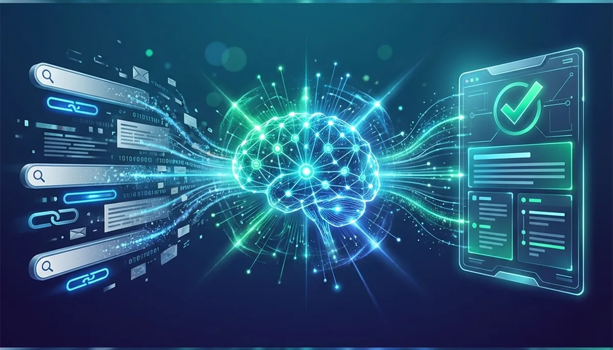 A digital neural network core synthesizing data into a structured citation card, representing the transition from traditional search to Answer Engine Optimisation.