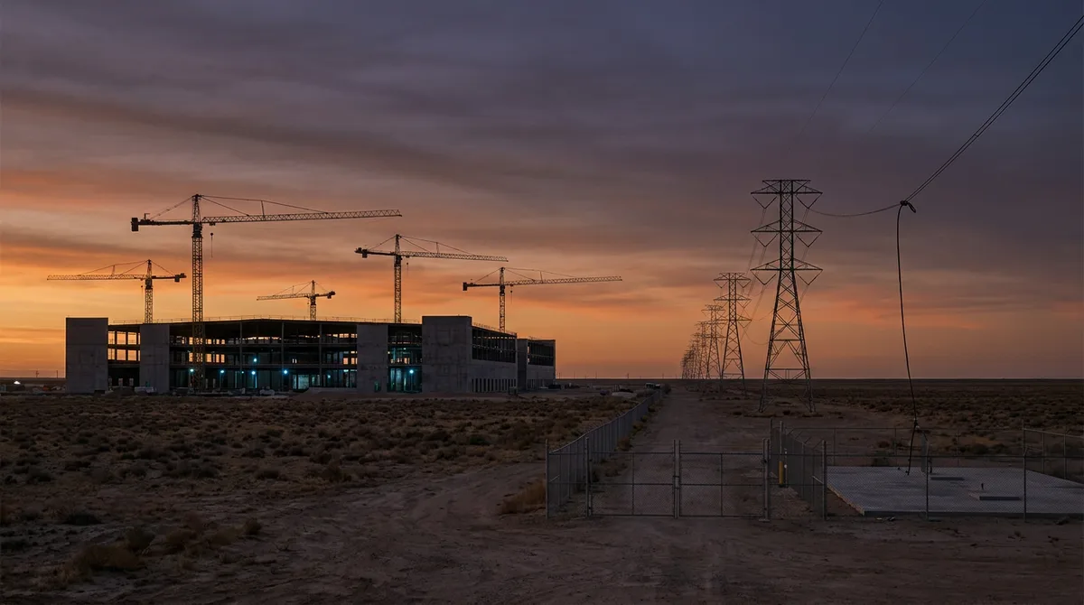 Wide view at dusk of a half-built data centre on flat, dry scrubland, tower cranes standing idle above the concrete shell, while a line of high-voltage transmission towers runs toward it and stops at a closed chain-link gate and an empty substation pad under an orange and violet sky.