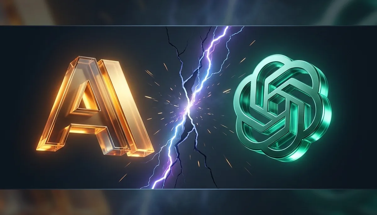 Dramatic split-screen visualization of glowing Anthropic and OpenAI logos clashing in a digital void, symbolizing the simultaneous model release.