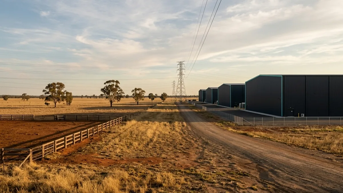 Dry Queensland farmland with a feedlot fence on the left meeting four large charcoal data centre buildings on the right, linked by high-voltage transmission towers at golden hour