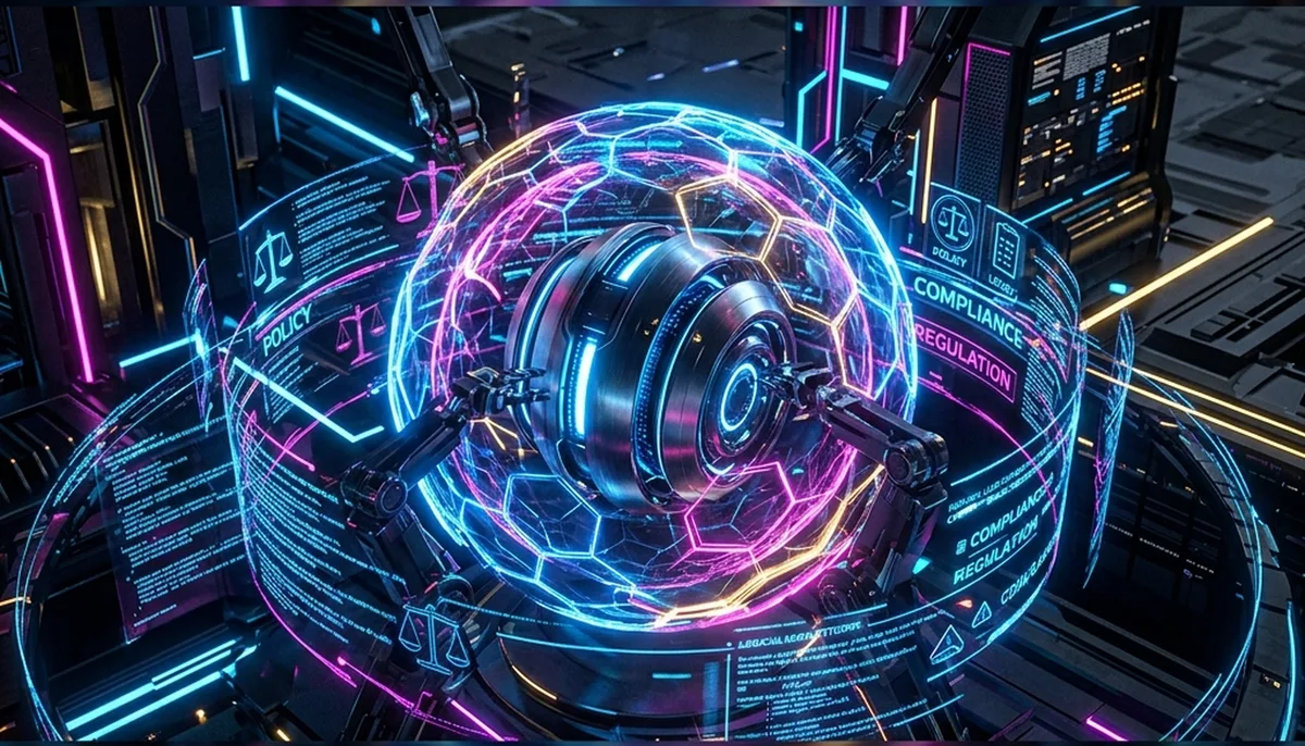 An abstract representation of AI governance: interlocking geometric panels and connecting lines suggesting a framework of rules and oversight.