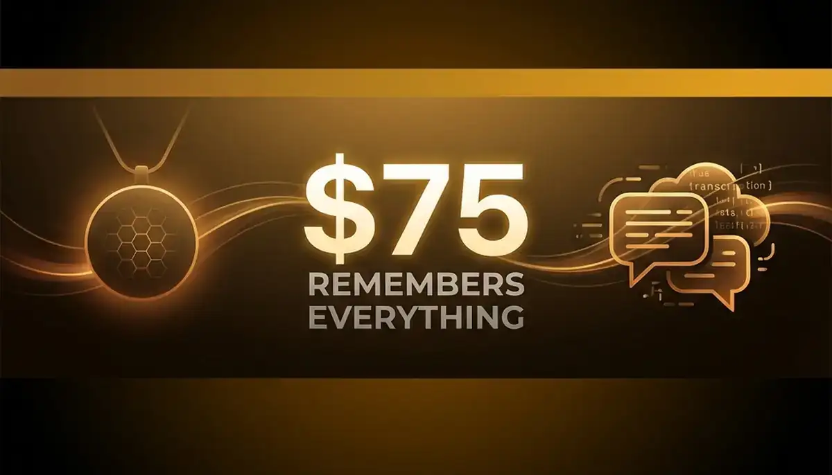 Minimalist pendant device icon with honeycomb pattern and speech bubbles flowing into memory with warm amber gold color scheme