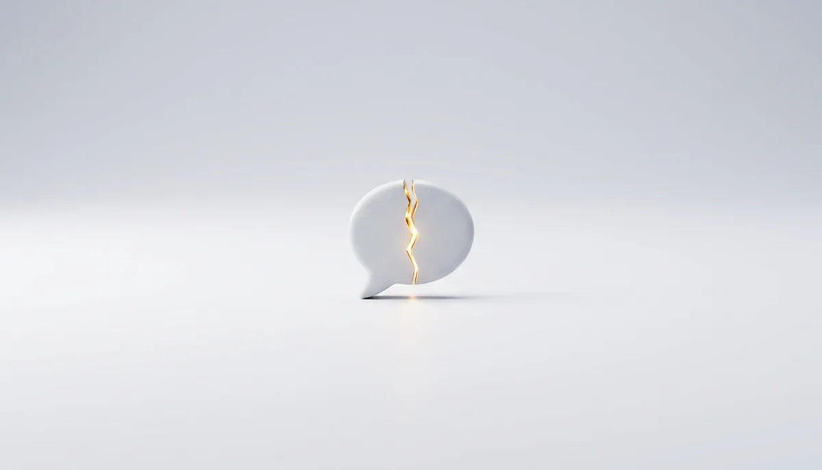 Minimalist 3D editorial visualization of a pristine white chat bubble cracked open to reveal a glowing gold core, representing commercialization hidden within a clean interface.