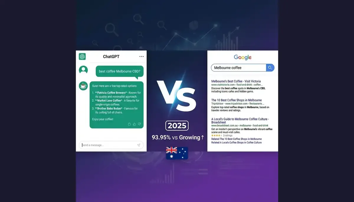 Split-screen showing ChatGPT conversational interface on left with green chat bubbles and Google search results page on right with blue links, VS text in center with 2025 badge and Australian flag