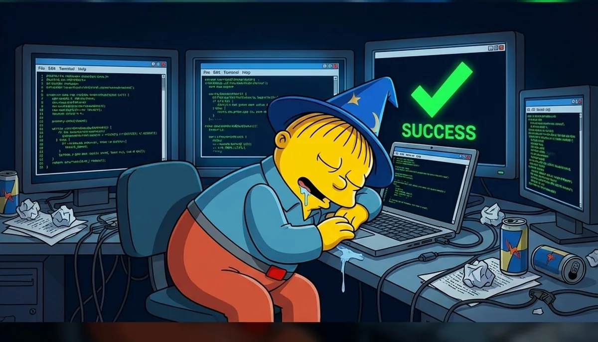 Developer at keyboard with code running autonomously on monitors behind them, illustrating parallel agent orchestration in Claude Code