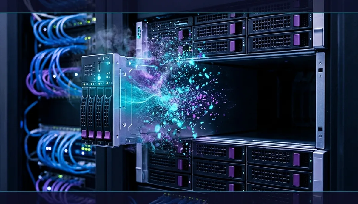 A high-tech server module representing an AI model is partially ejected and dissolving into glowing particles, leaving an empty gap in the server rack.