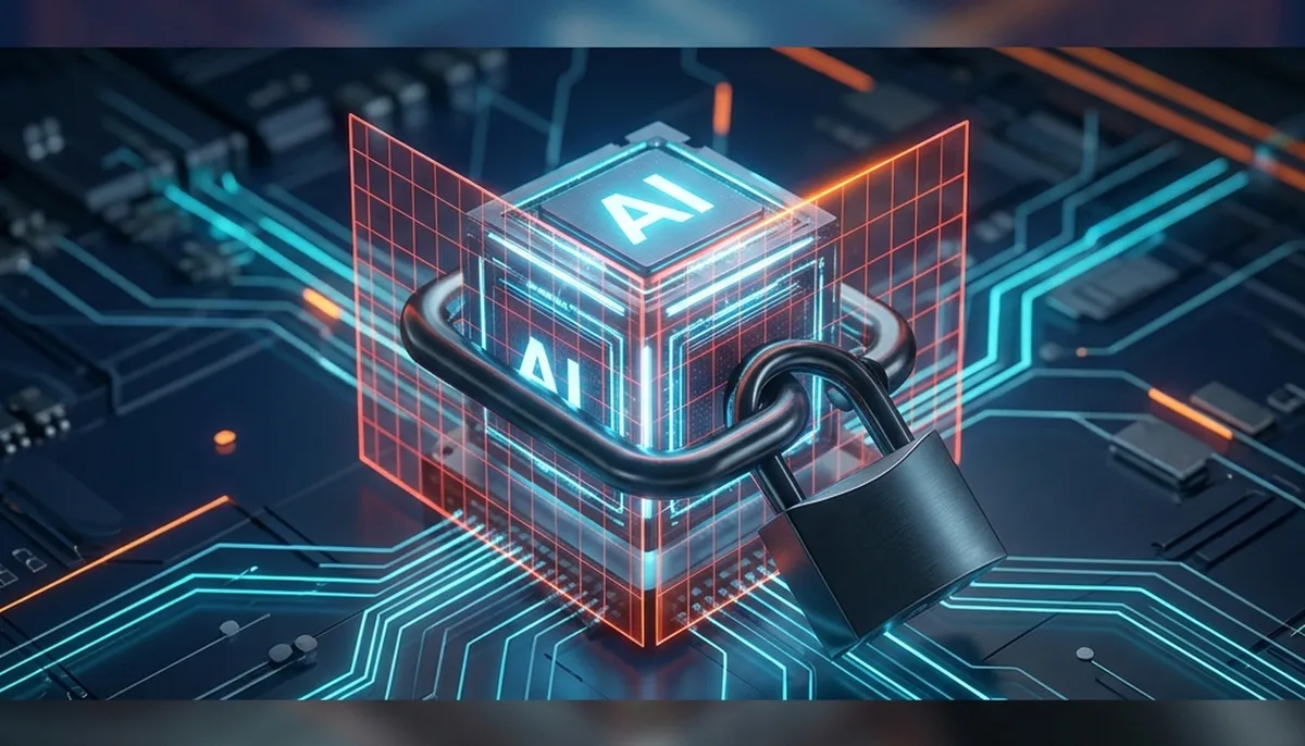 A futuristic AI microprocessor cube locked and restricted by a heavy dark metallic security clamp with a translucent red warning overlay, representing an AI model shutdown by government directive