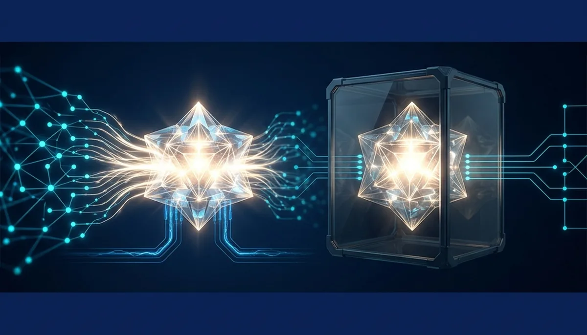 Two identical crystalline AI cores in a dark high-tech environment: the left blazing freely with warm light and many connections, the right enclosed in a glass containment chamber with limited connections, representing the Fable and Mythos model split
