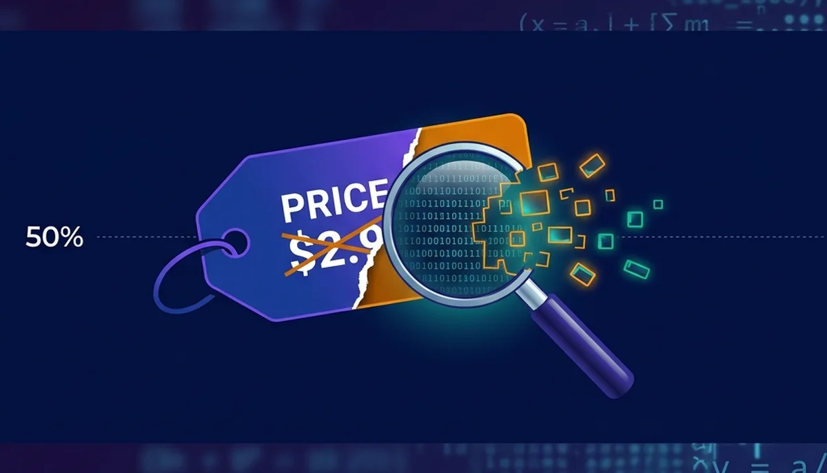 A price tag half torn away to reveal a magnifying glass hovering over a stream of text fragmenting into extra token blocks, symbolising hidden token inflation behind a discounted sticker price.