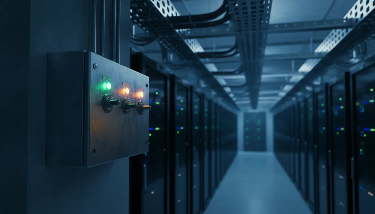 Three heavy industrial toggle switches mounted side by side on a worn steel control panel in a dim server corridor, the left one lit green and the other two lit amber, rows of server racks and overhead cable trays receding into blue shadow behind it.
