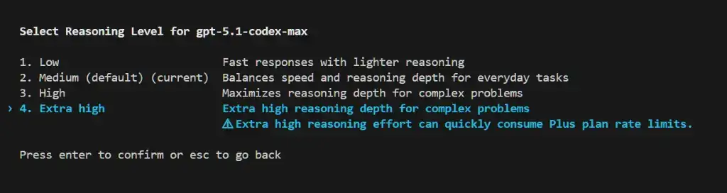 Codex CLI selecting Extra High reasoning tier