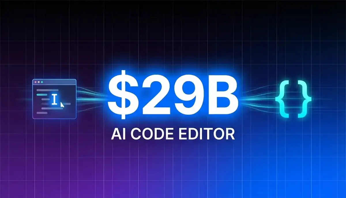Bold $29B text with AI CODE EDITOR label, code editor icon on left and glowing code brackets on right, dark gradient background