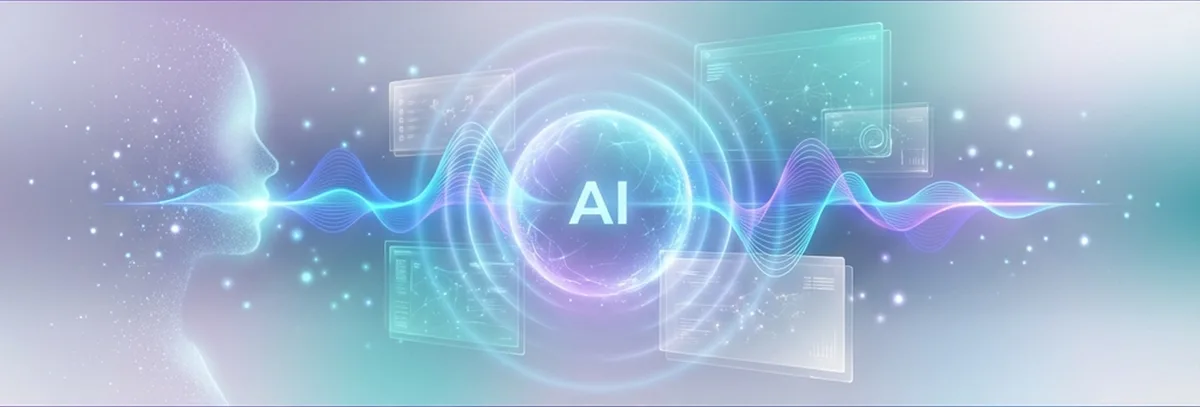 Glowing AI neural hub with flowing voice waves and holographic interface layers representing conversational AI evolution