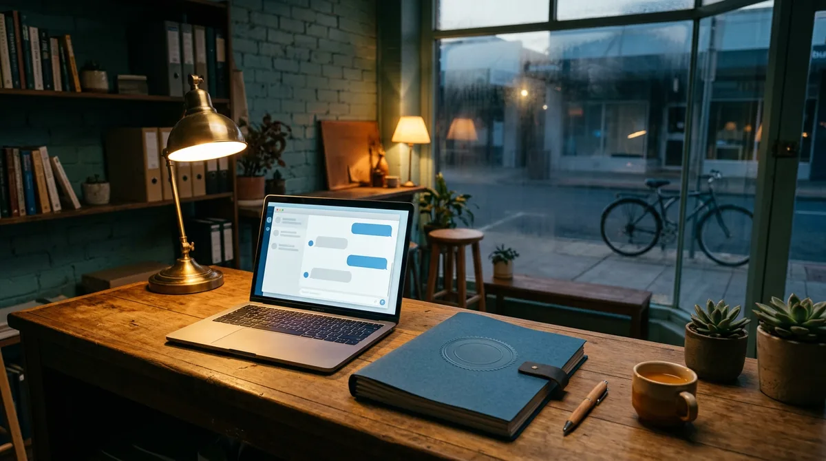 A laptop on a small shop counter after closing, its screen showing an empty customer-service chat window, beside a thick blue-bound document with a blank embossed seal, lit by a brass desk lamp with the street outside at dusk.