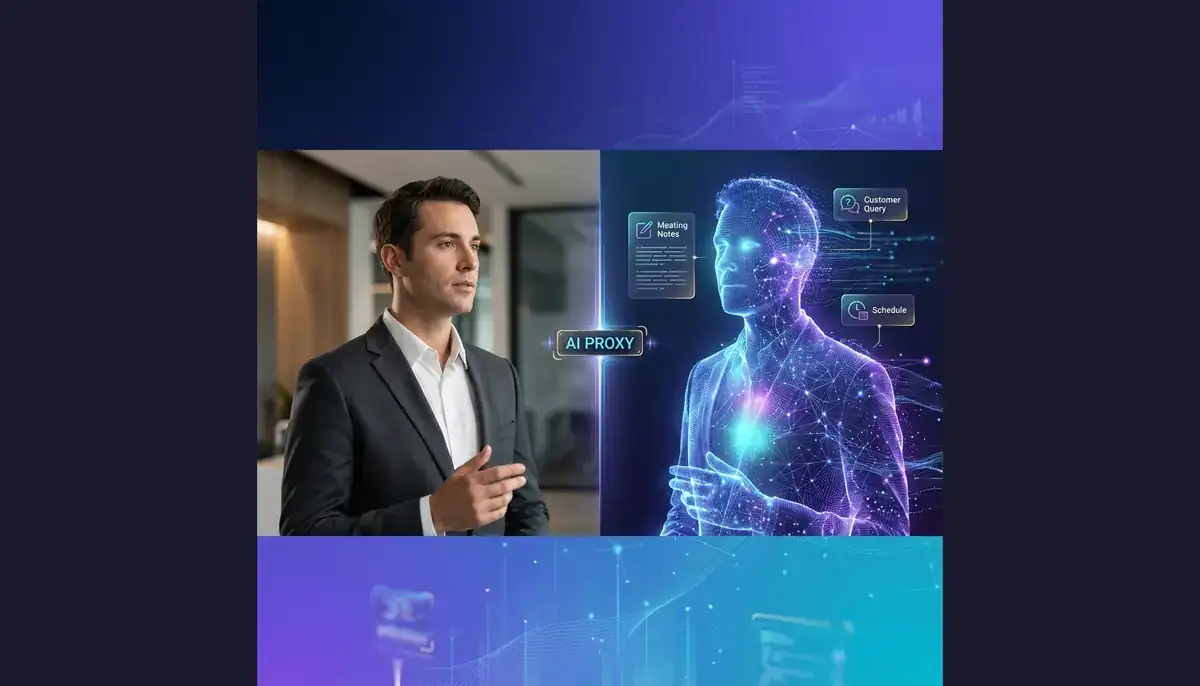 Split-screen showing a professional businessperson on left and their holographic AI digital twin on right, with AI PROXY badge at center