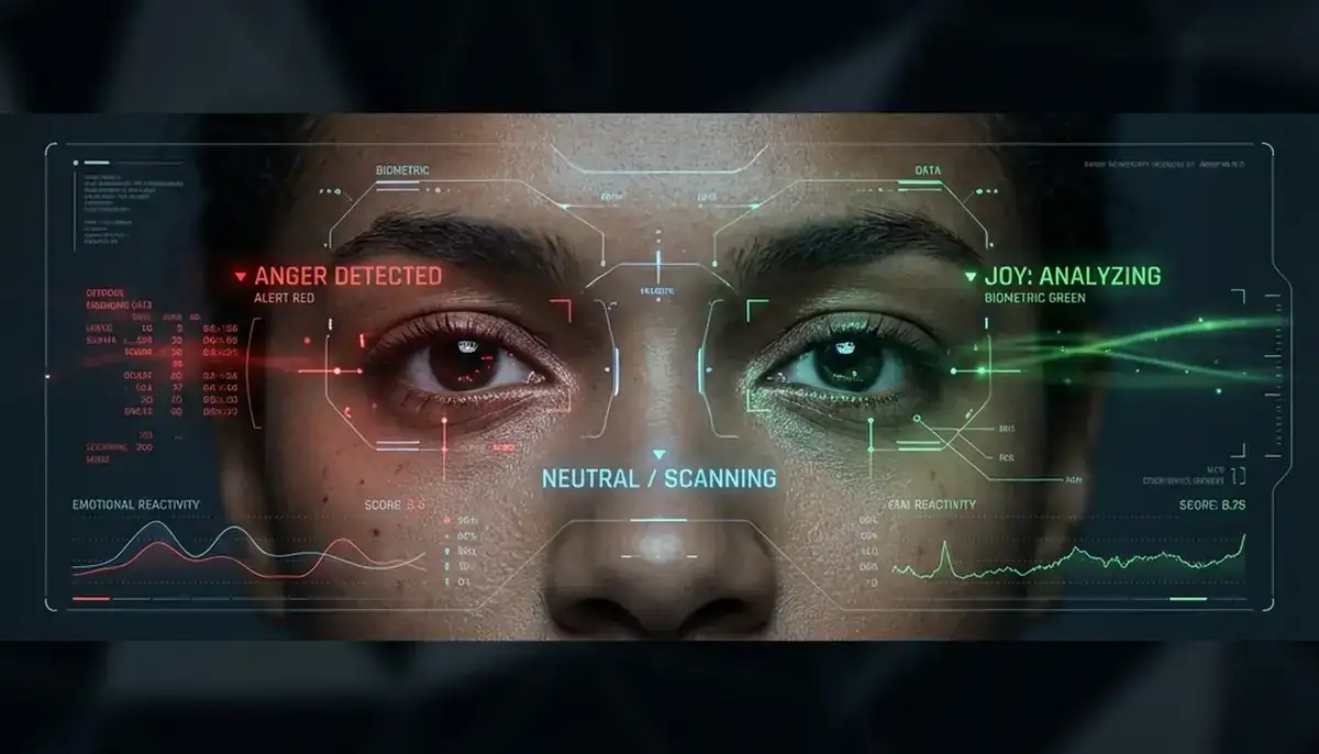 Digital scanning interface analyzing human emotion and biometric data in a high-tech style