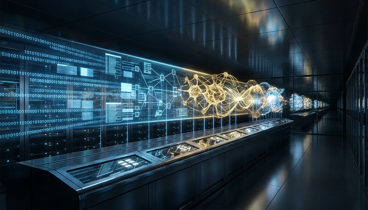 Cinematic holographic interface in a futuristic data center showing the transition from traditional search crawling to AI semantic discovery