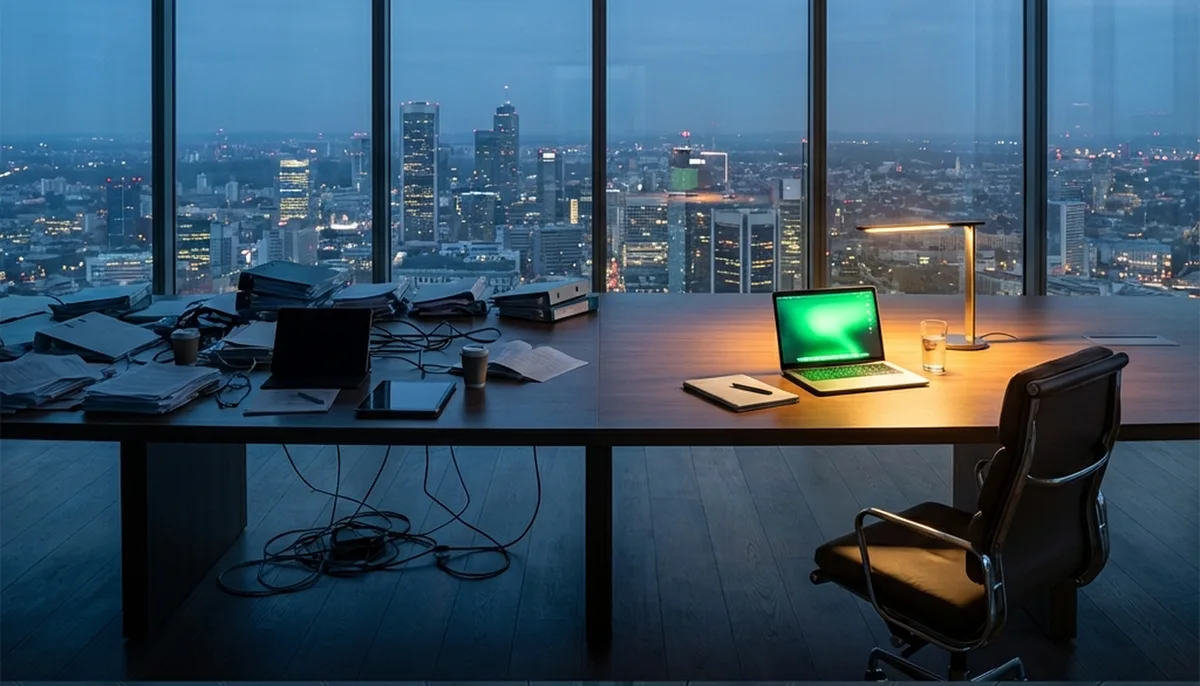 Split visualisation showing chaotic failed AI projects (80%) versus organised successful deployments (20%) on a boardroom table