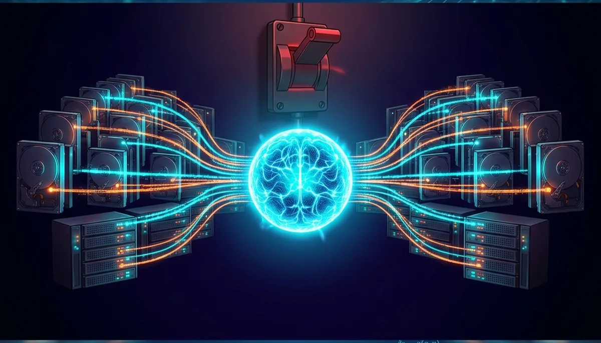 A glowing AI model core being copied onto rows of independent hard drives spreading outward, while a large kill switch behind them sits disconnected.