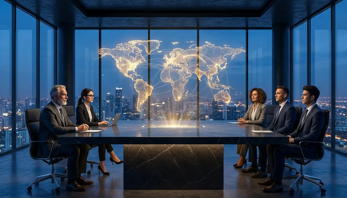 Cinematic ultra-modern boardroom scene with a panoramic view of a nighttime metropolis, featuring a diverse team of executives collaborating around a large, golden holographic digital globe representing global AI investment