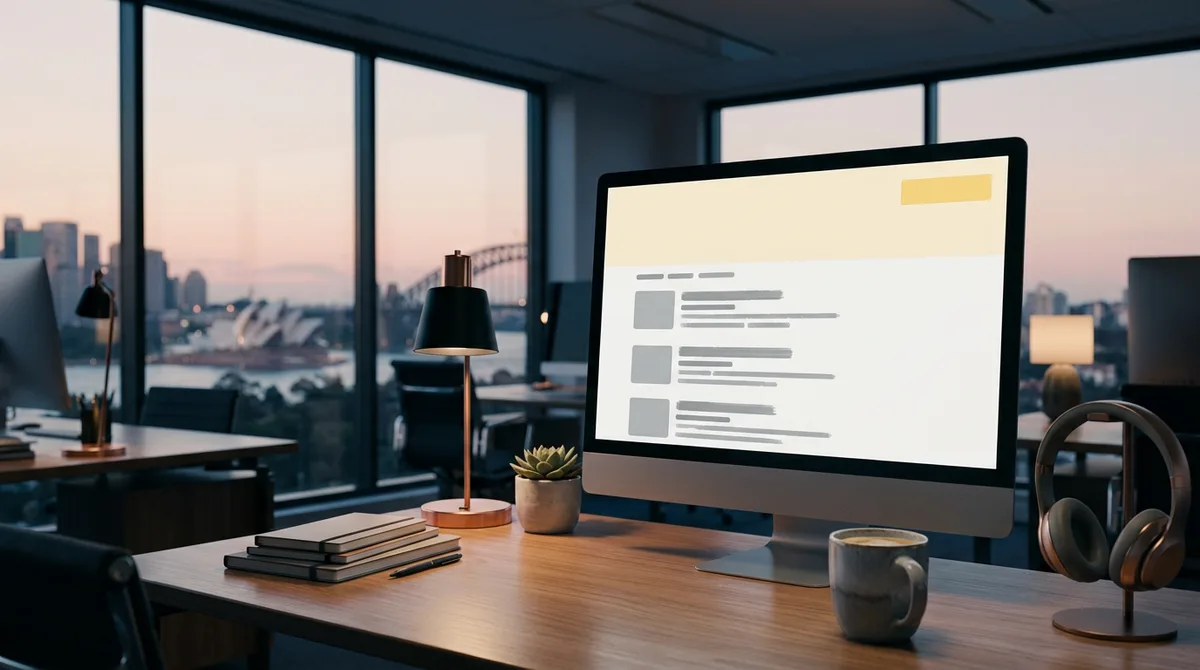 A marketing desk at dawn in a Sydney office with the Opera House and Harbour Bridge through the window, a monitor showing a pale answer panel with one small yellow label above rows of grey search results, a coffee cup and headphones beside it.