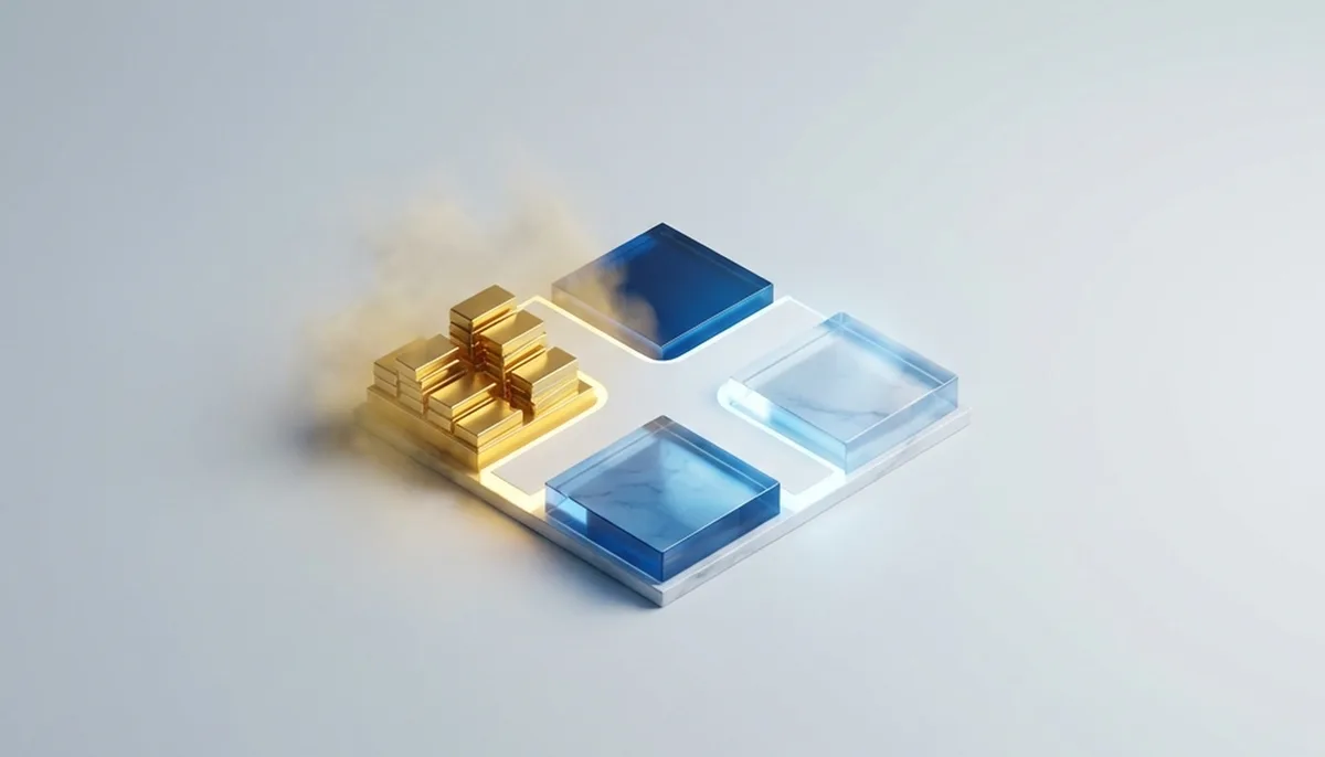 Minimalist 3D editorial visualization of a path diverging into two directions: one turning to gold (representing commercial ads) and the other to clean blue glass (representing trust).